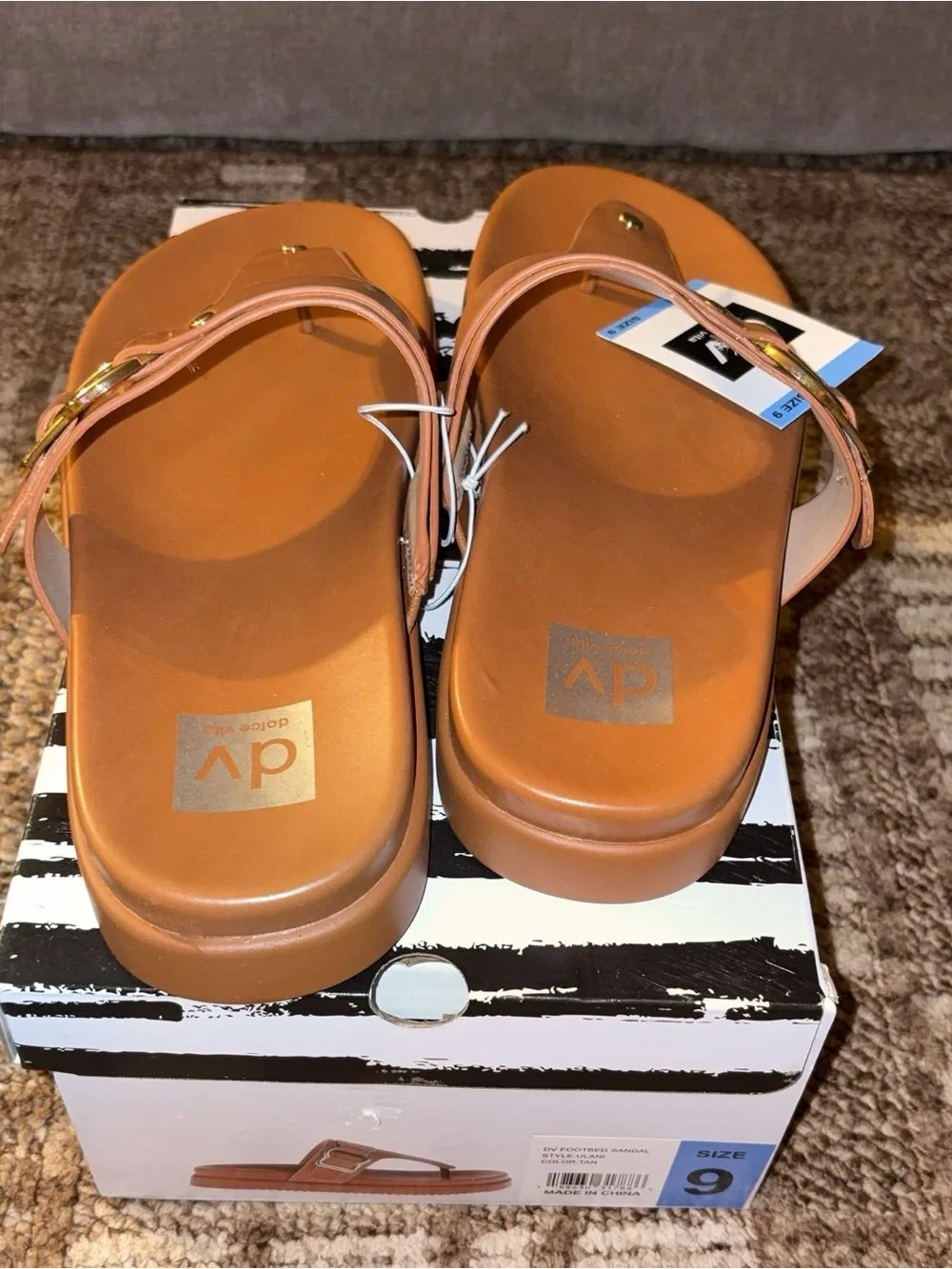 DV Dolce Vita Women's Camel Brown Slide Sandals Gold Buckle Size 9 New with Box